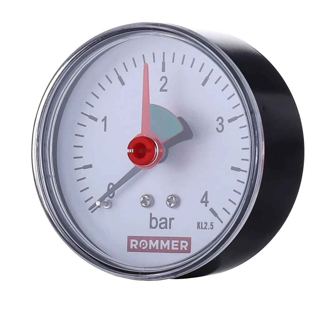 RIM-0007-630408 Манометр ROMMER аксиальный с указателем предела. Корпус Dn 63 мм 1/4 , 0...4 бар, кл.2.5