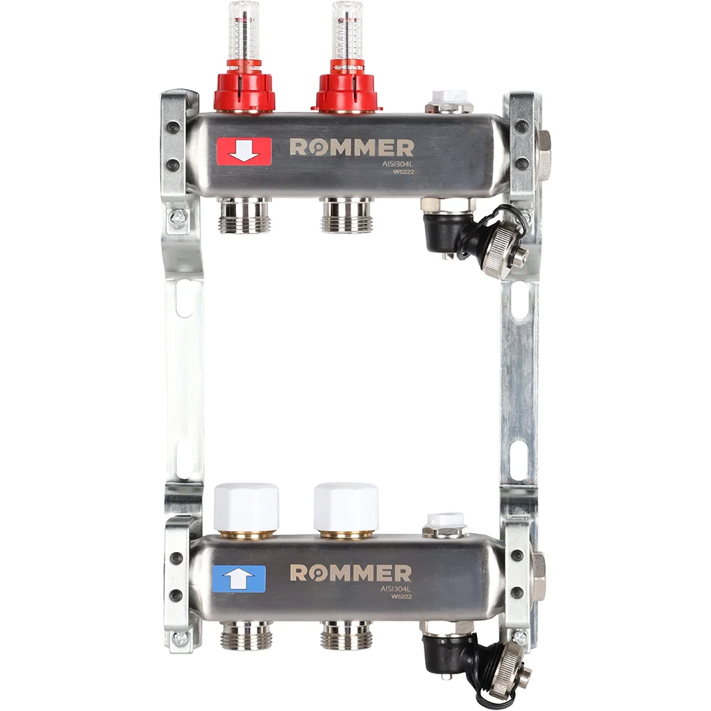 ROMMER RMS-1201-000002 ROMMER Коллектор из нержавеющей стали с расходомерами, с клапаном вып. воздуха и сливом 2 вых. ROMMER RMS-1201-000002 ROMMER Коллектор из нержавеющей стали с расходомерами, с клапаном вып. воздуха и сливом 2 вых.