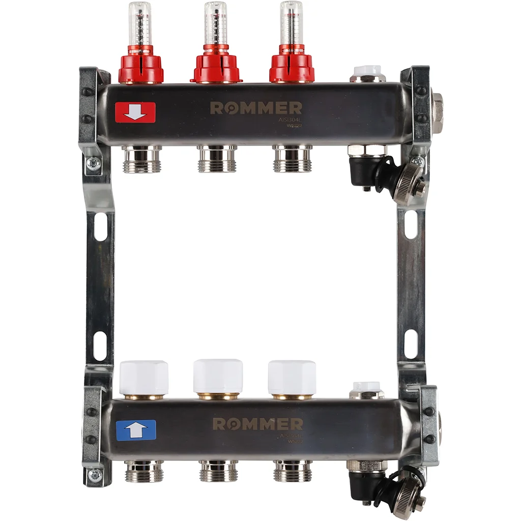 ROMMER RMS-1201-000003 ROMMER Коллектор из нержавеющей стали с расходомерами, с клапаном вып. воздуха и сливом 3 вых. ROMMER RMS-1201-000003 ROMMER Коллектор из нержавеющей стали с расходомерами, с клапаном вып. воздуха и сливом 3 вых.