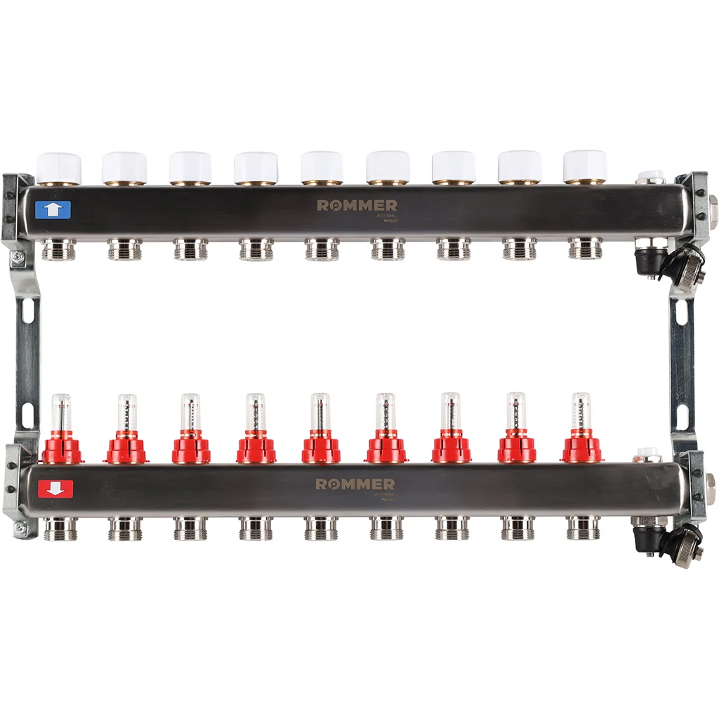 ROMMER RMS-1201-000009 ROMMER Коллектор из нержавеющей стали с расходомерами, с клапаном вып. воздуха и сливом 9 вых. ROMMER RMS-1201-000009 ROMMER Коллектор из нержавеющей стали с расходомерами, с клапаном вып. воздуха и сливом 9 вых.