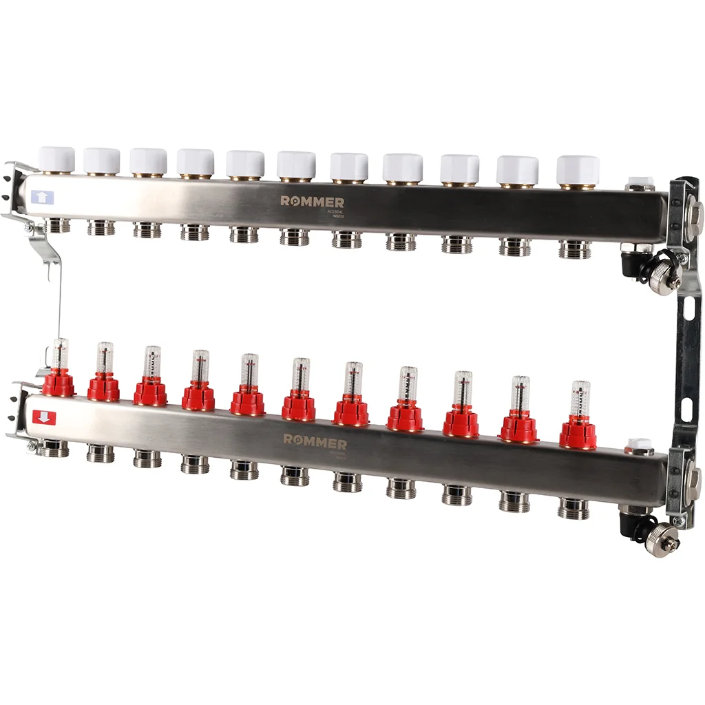 ROMMER RMS-1201-000011 ROMMER Коллектор из нержавеющей стали с расходомерами, с клапаном вып. воздуха и сливом 11 вых. ROMMER RMS-1201-000011 ROMMER Коллектор из нержавеющей стали с расходомерами, с клапаном вып. воздуха и сливом 11 вых.