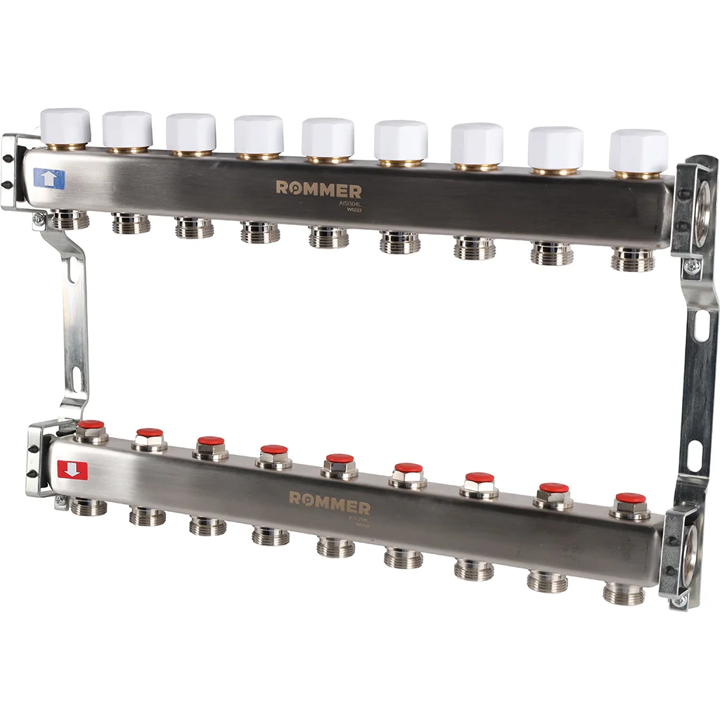 ROMMER RMS-3200-000009 ROMMER Коллектор из нержавеющей стали без расходомеров 9 вых. ROMMER RMS-3200-000009 ROMMER Коллектор из нержавеющей стали без расходомеров 9 вых.