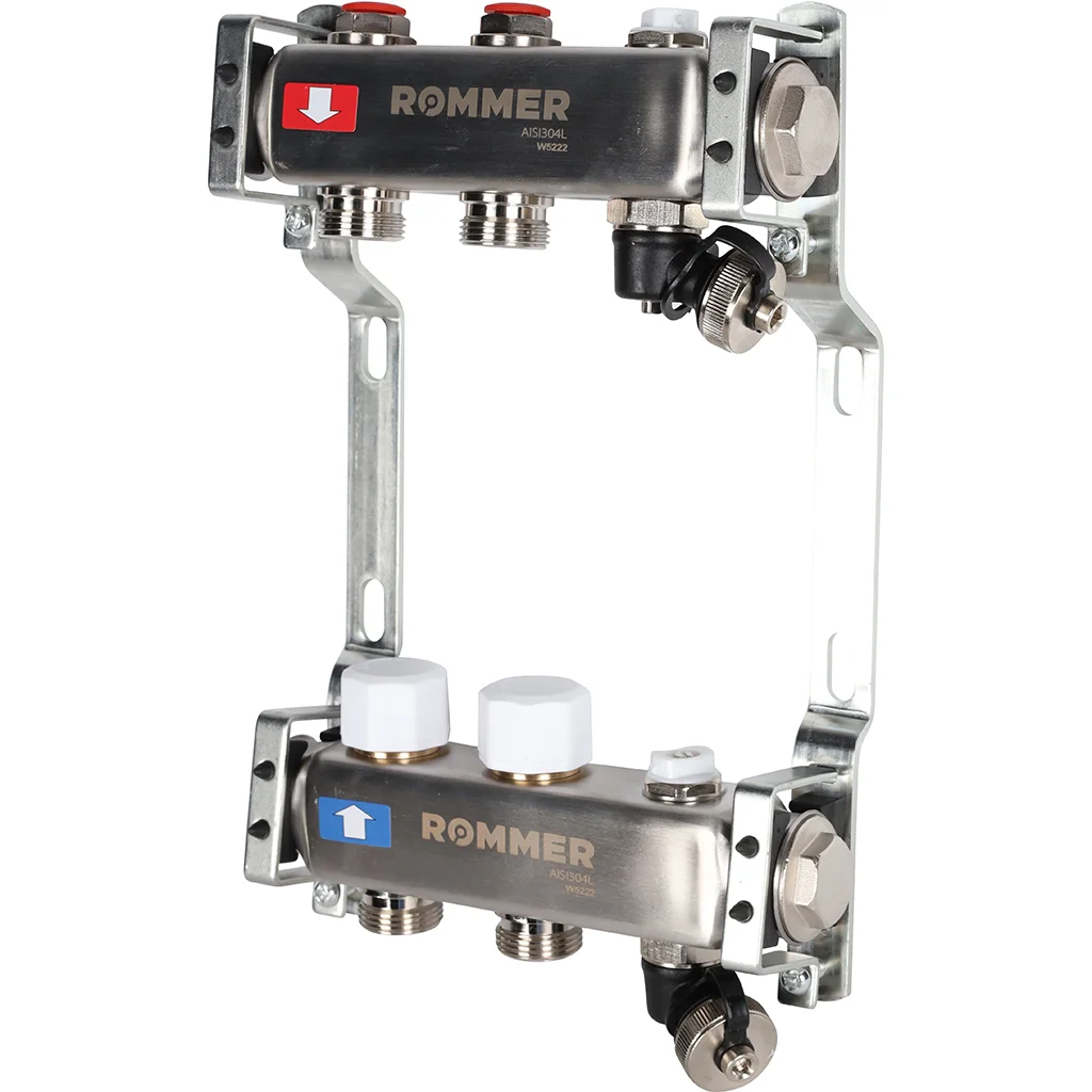 ROMMER RMS-3201-000002 ROMMER Коллектор из нержавеющей стали без расходомеров, с клапаном вып. воздуха и сливом 2 вых. ROMMER RMS-3201-000002 ROMMER Коллектор из нержавеющей стали без расходомеров, с клапаном вып. воздуха и сливом 2 вых.