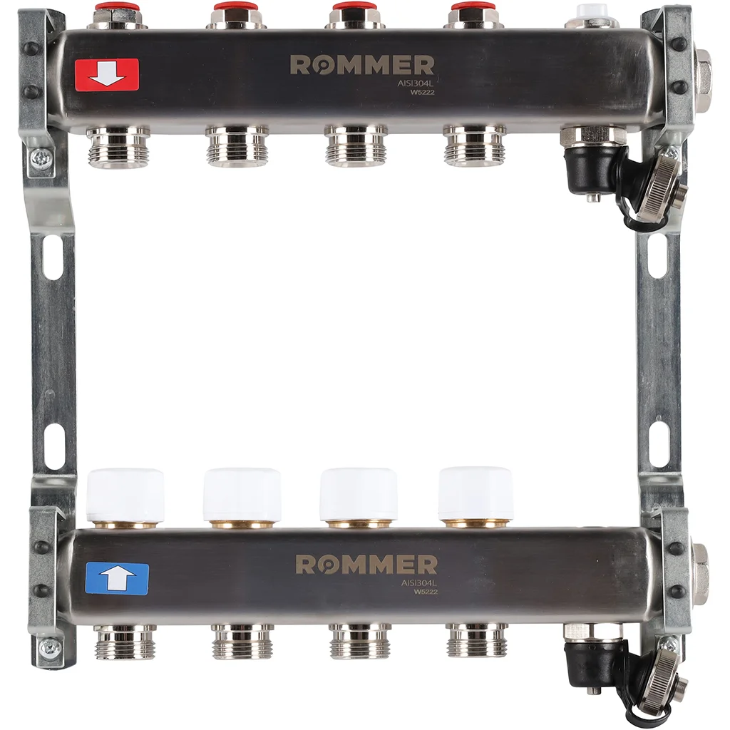 ROMMER RMS-3201-000004 ROMMER Коллектор из нержавеющей стали без расходомеров, с клапаном вып. воздуха и сливом 4 вых. ROMMER RMS-3201-000004 ROMMER Коллектор из нержавеющей стали без расходомеров, с клапаном вып. воздуха и сливом 4 вых.