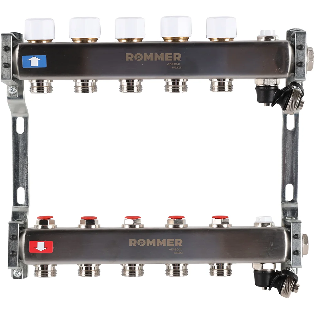 ROMMER RMS-3201-000005 ROMMER Коллектор из нержавеющей стали без расходомеров, с клапаном вып. воздуха и сливом 5 вых. ROMMER RMS-3201-000005 ROMMER Коллектор из нержавеющей стали без расходомеров, с клапаном вып. воздуха и сливом 5 вых.