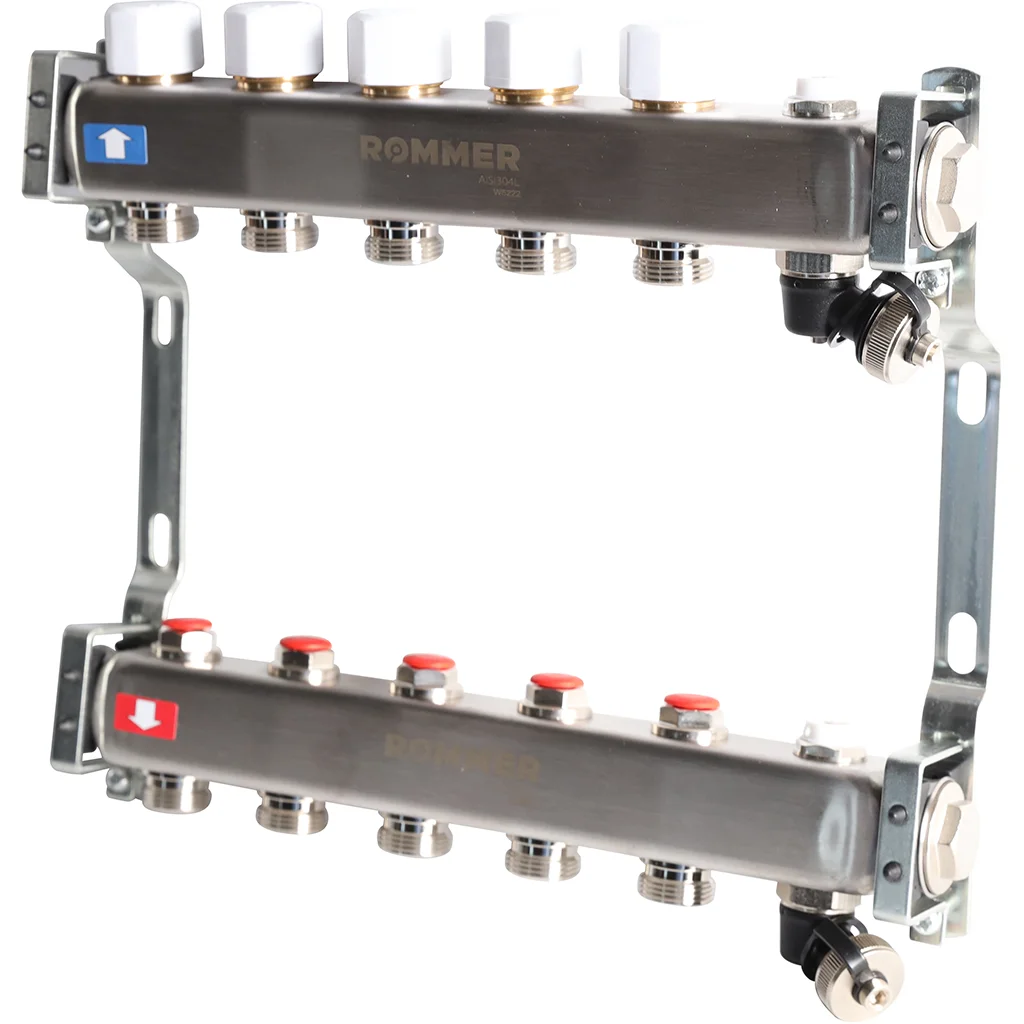 ROMMER RMS-3201-000005 ROMMER Коллектор из нержавеющей стали без расходомеров, с клапаном вып. воздуха и сливом 5 вых. ROMMER RMS-3201-000005 ROMMER Коллектор из нержавеющей стали без расходомеров, с клапаном вып. воздуха и сливом 5 вых.