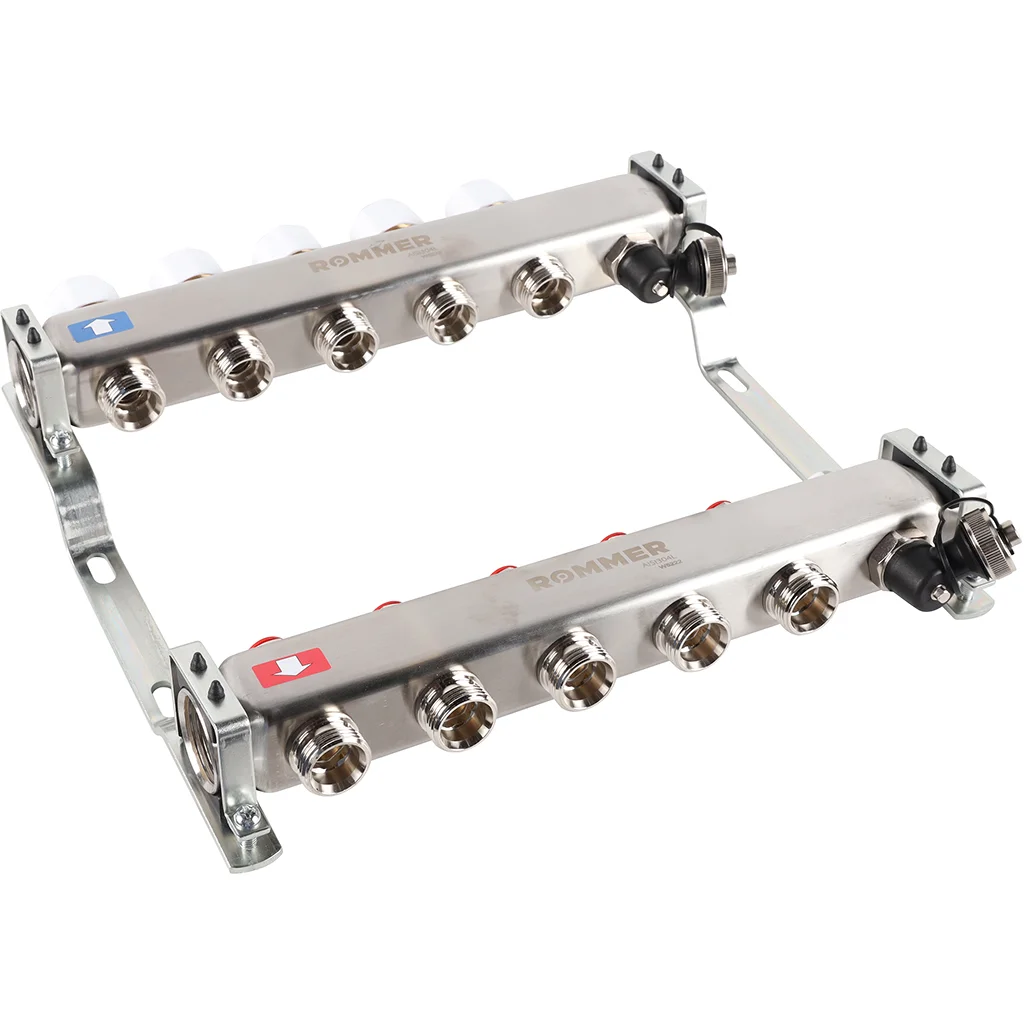 ROMMER RMS-3201-000005 ROMMER Коллектор из нержавеющей стали без расходомеров, с клапаном вып. воздуха и сливом 5 вых. ROMMER RMS-3201-000005 ROMMER Коллектор из нержавеющей стали без расходомеров, с клапаном вып. воздуха и сливом 5 вых.