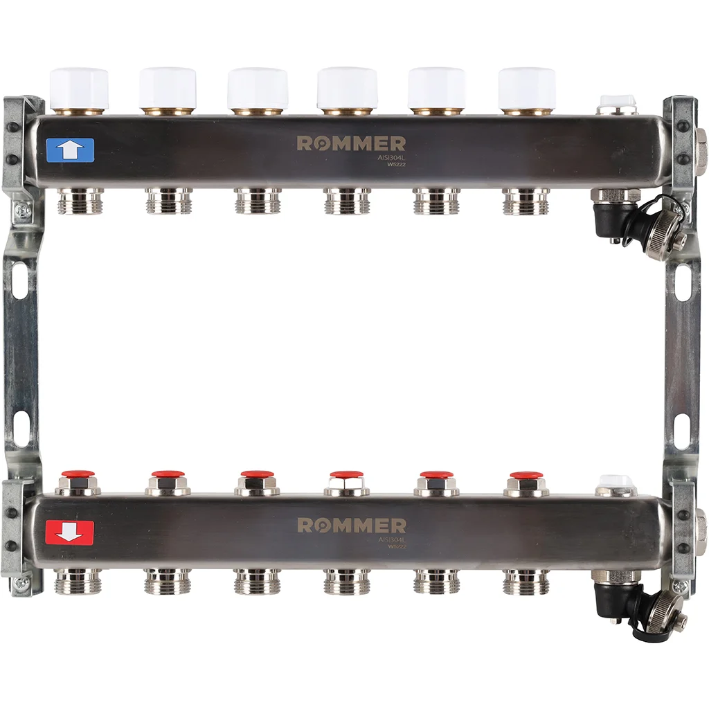 ROMMER RMS-3201-000006 ROMMER Коллектор из нержавеющей стали без расходомеров, с клапаном вып. воздуха и сливом 6 вых. ROMMER RMS-3201-000006 ROMMER Коллектор из нержавеющей стали без расходомеров, с клапаном вып. воздуха и сливом 6 вых.