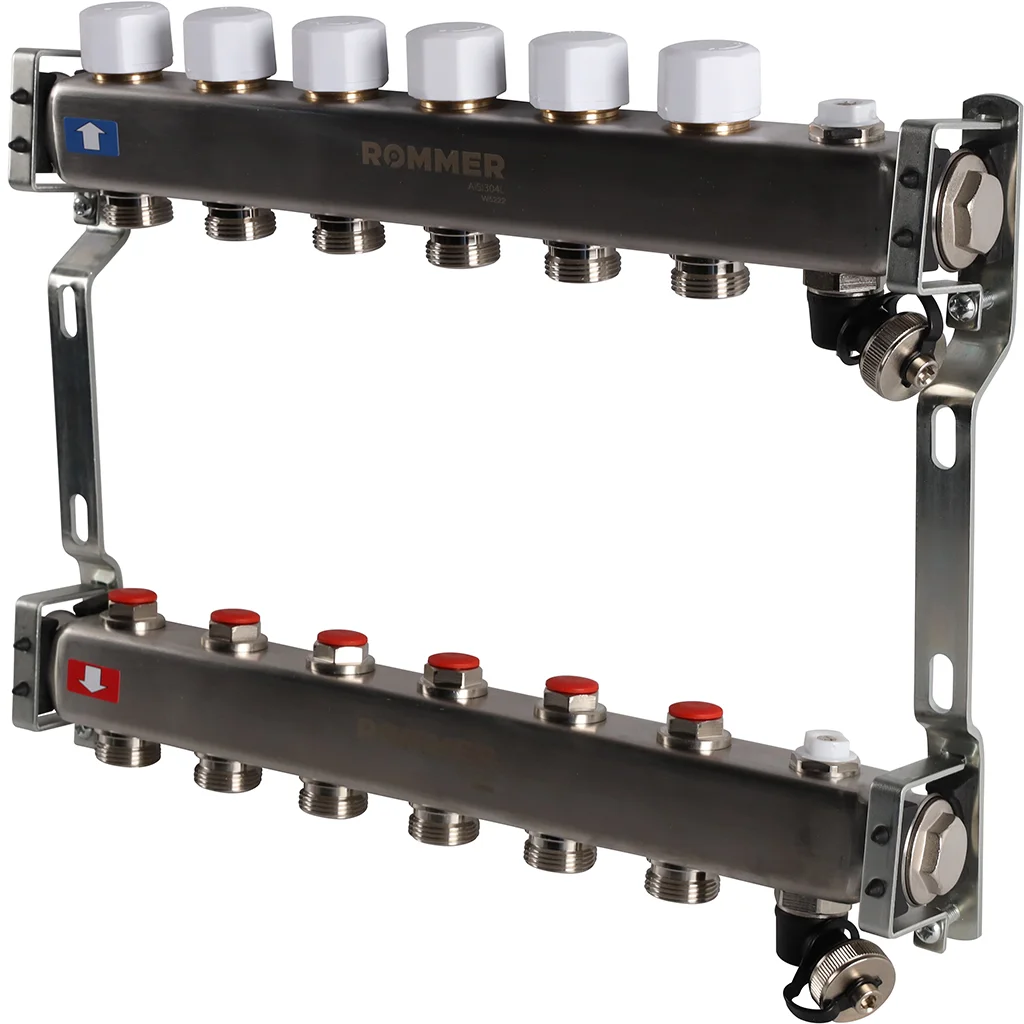 ROMMER RMS-3201-000006 ROMMER Коллектор из нержавеющей стали без расходомеров, с клапаном вып. воздуха и сливом 6 вых. ROMMER RMS-3201-000006 ROMMER Коллектор из нержавеющей стали без расходомеров, с клапаном вып. воздуха и сливом 6 вых.