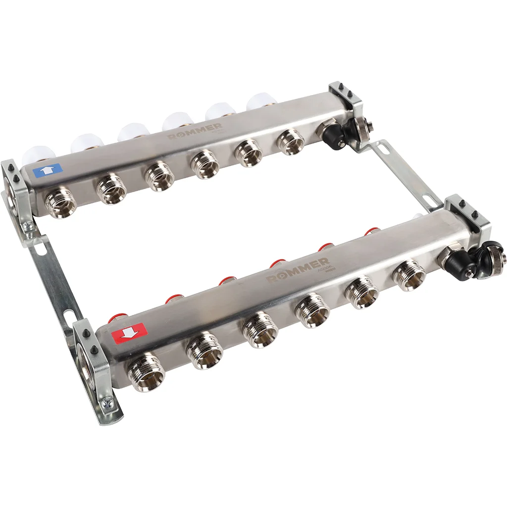 ROMMER RMS-3201-000006 ROMMER Коллектор из нержавеющей стали без расходомеров, с клапаном вып. воздуха и сливом 6 вых. ROMMER RMS-3201-000006 ROMMER Коллектор из нержавеющей стали без расходомеров, с клапаном вып. воздуха и сливом 6 вых.