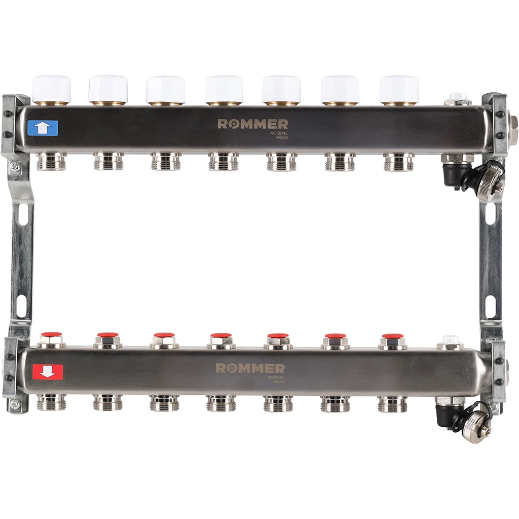 ROMMER RMS-3201-000007 ROMMER Коллектор из нержавеющей стали без расходомеров, с клапаном вып. воздуха и сливом 7 вых. ROMMER RMS-3201-000007 ROMMER Коллектор из нержавеющей стали без расходомеров, с клапаном вып. воздуха и сливом 7 вых.
