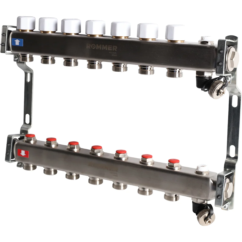 ROMMER RMS-3201-000007 ROMMER Коллектор из нержавеющей стали без расходомеров, с клапаном вып. воздуха и сливом 7 вых. ROMMER RMS-3201-000007 ROMMER Коллектор из нержавеющей стали без расходомеров, с клапаном вып. воздуха и сливом 7 вых.