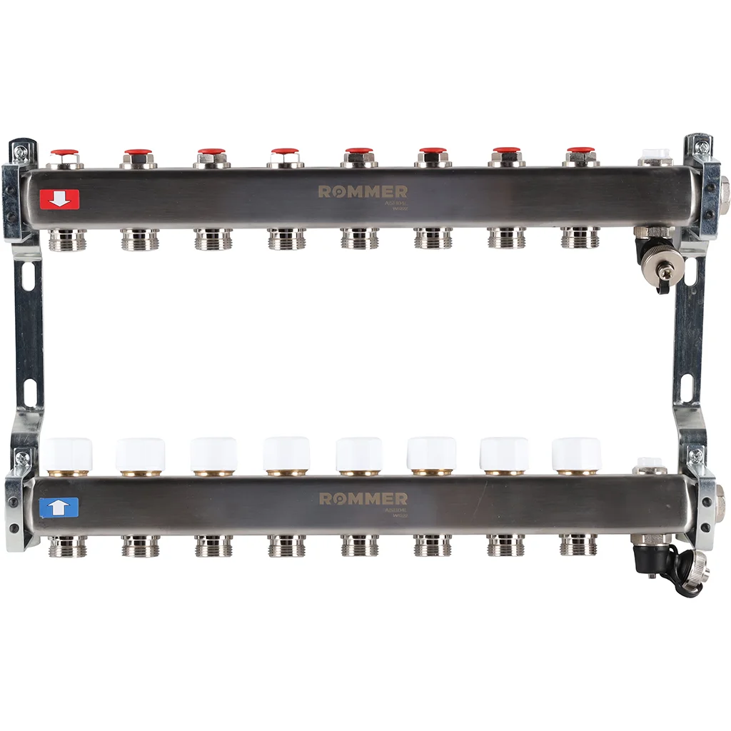 ROMMER RMS-3201-000008 ROMMER Коллектор из нержавеющей стали без расходомеров, с клапаном вып. воздуха и сливом 8 вых. ROMMER RMS-3201-000008 ROMMER Коллектор из нержавеющей стали без расходомеров, с клапаном вып. воздуха и сливом 8 вых.