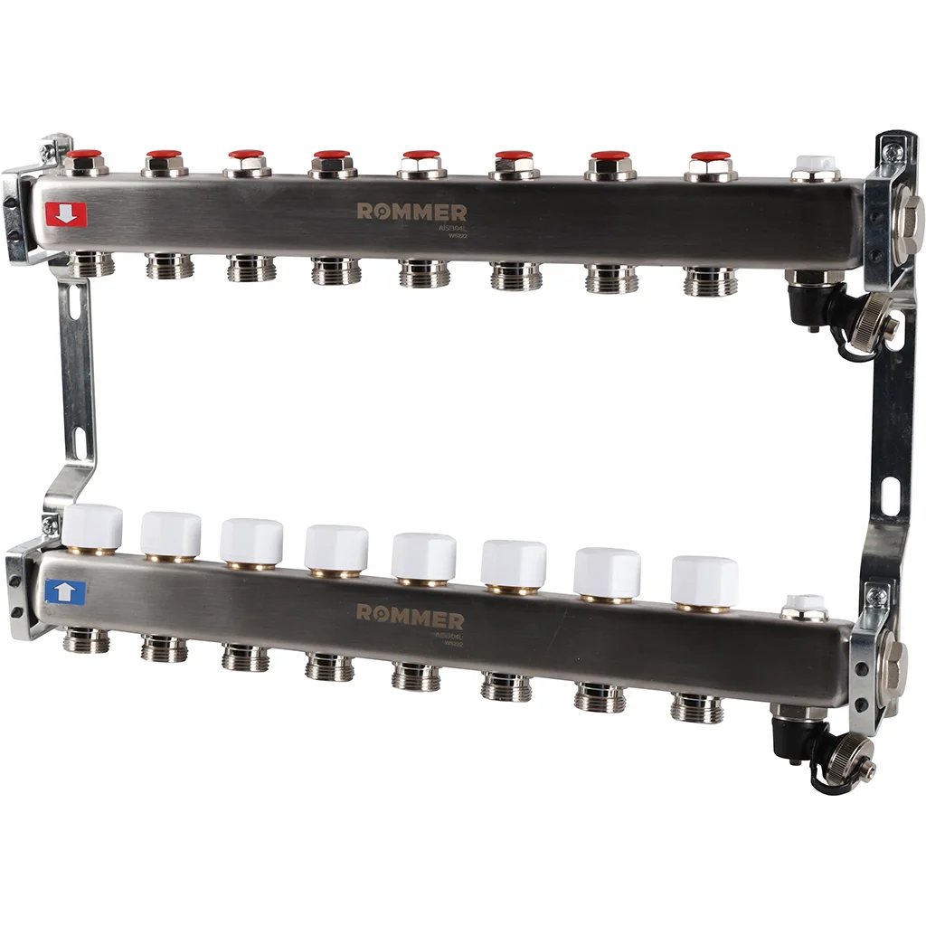 ROMMER RMS-3201-000008 ROMMER Коллектор из нержавеющей стали без расходомеров, с клапаном вып. воздуха и сливом 8 вых. ROMMER RMS-3201-000008 ROMMER Коллектор из нержавеющей стали без расходомеров, с клапаном вып. воздуха и сливом 8 вых.
