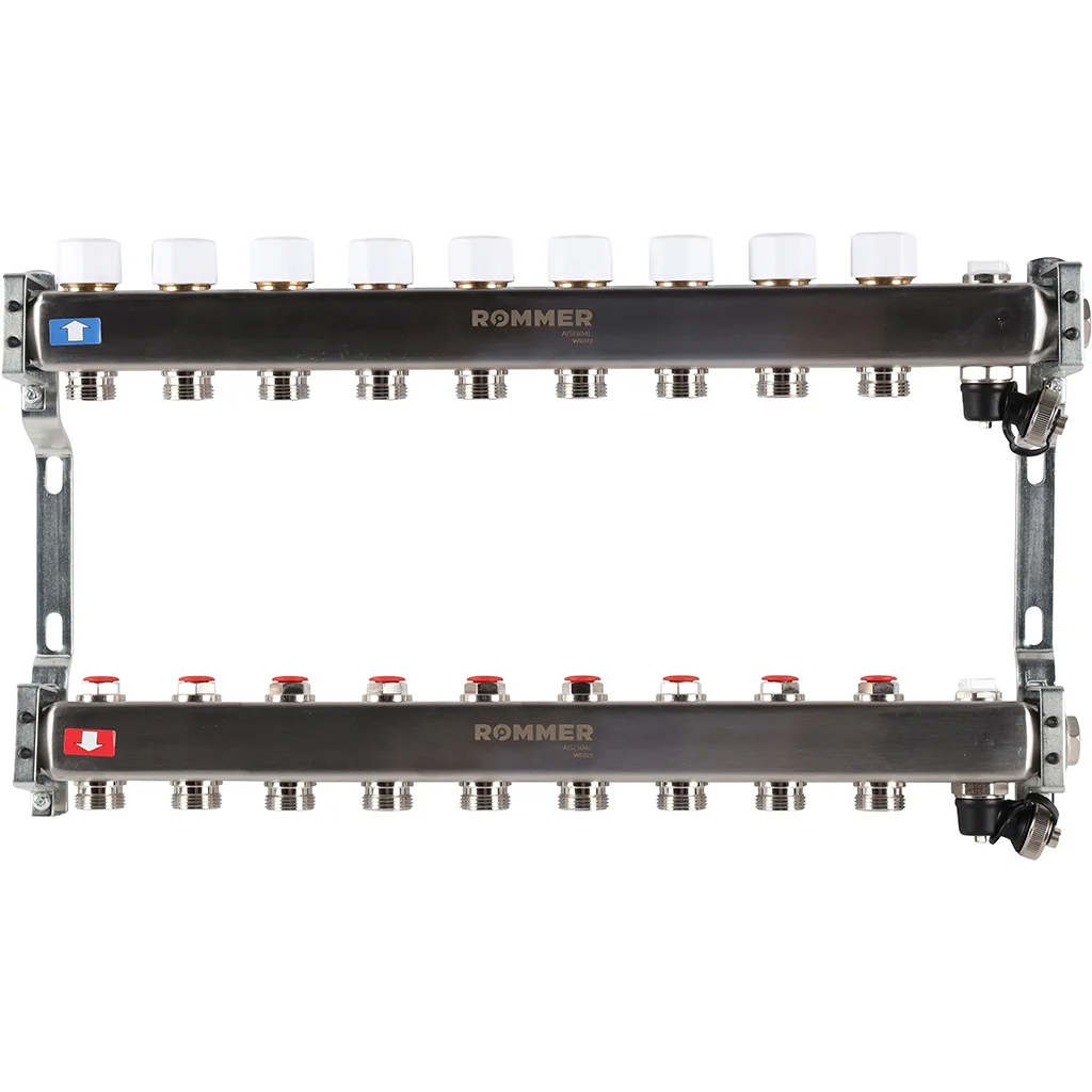 ROMMER RMS-3201-000009 ROMMER Коллектор из нержавеющей стали без расходомеров, с клапаном вып. воздуха и сливом 9 вых. ROMMER RMS-3201-000009 ROMMER Коллектор из нержавеющей стали без расходомеров, с клапаном вып. воздуха и сливом 9 вых.