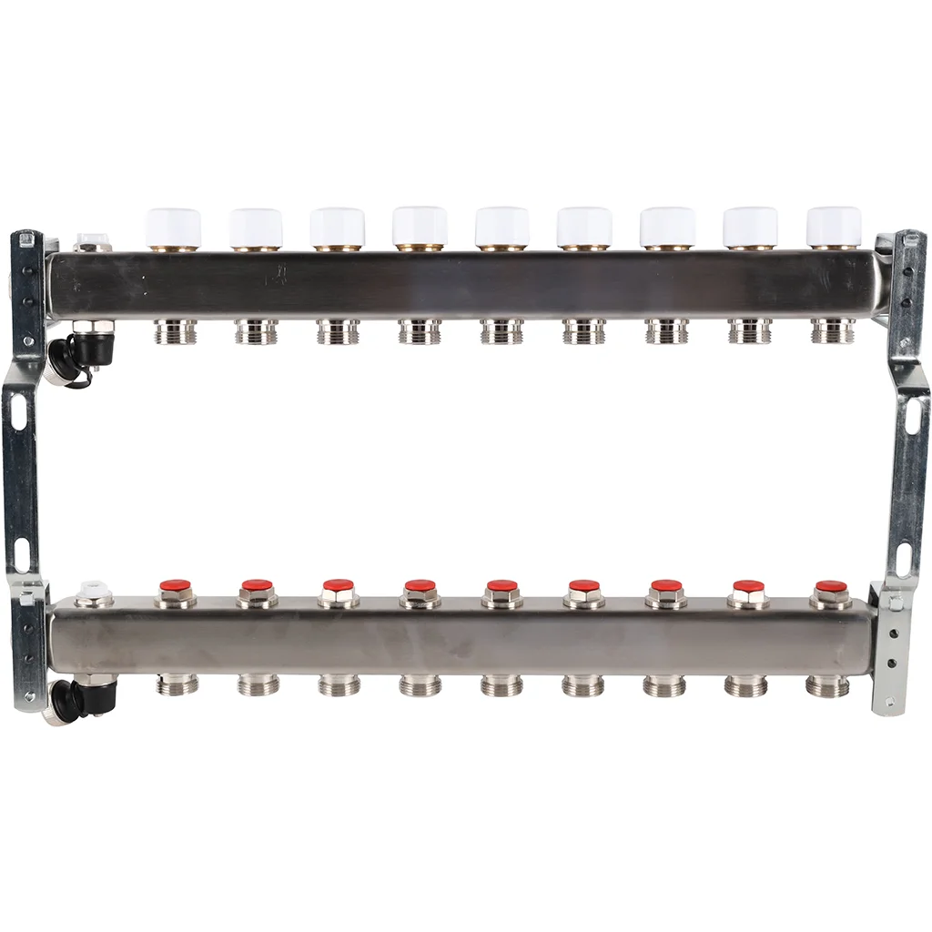 ROMMER RMS-3201-000009 ROMMER Коллектор из нержавеющей стали без расходомеров, с клапаном вып. воздуха и сливом 9 вых. ROMMER RMS-3201-000009 ROMMER Коллектор из нержавеющей стали без расходомеров, с клапаном вып. воздуха и сливом 9 вых.