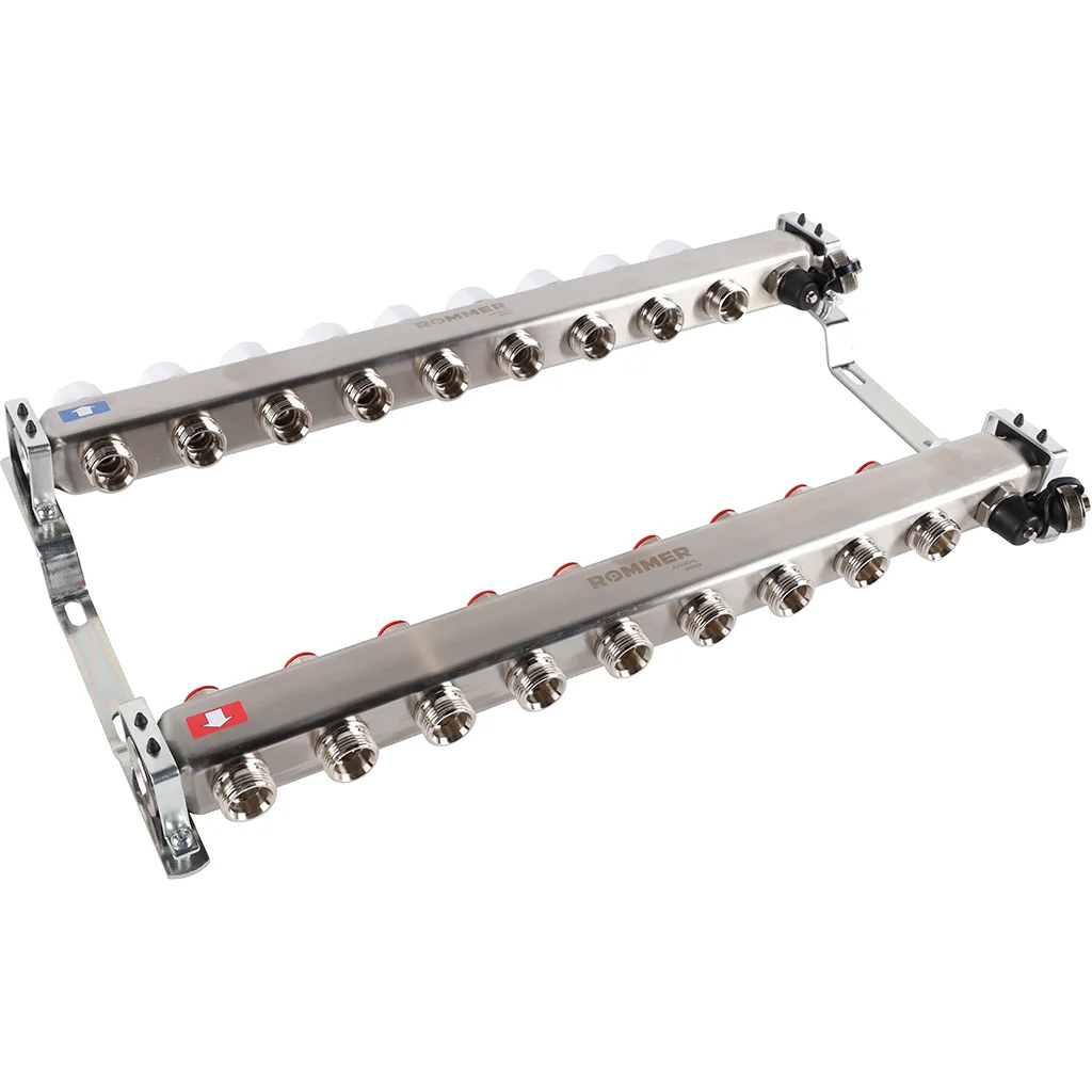 ROMMER RMS-3201-000009 ROMMER Коллектор из нержавеющей стали без расходомеров, с клапаном вып. воздуха и сливом 9 вых. ROMMER RMS-3201-000009 ROMMER Коллектор из нержавеющей стали без расходомеров, с клапаном вып. воздуха и сливом 9 вых.
