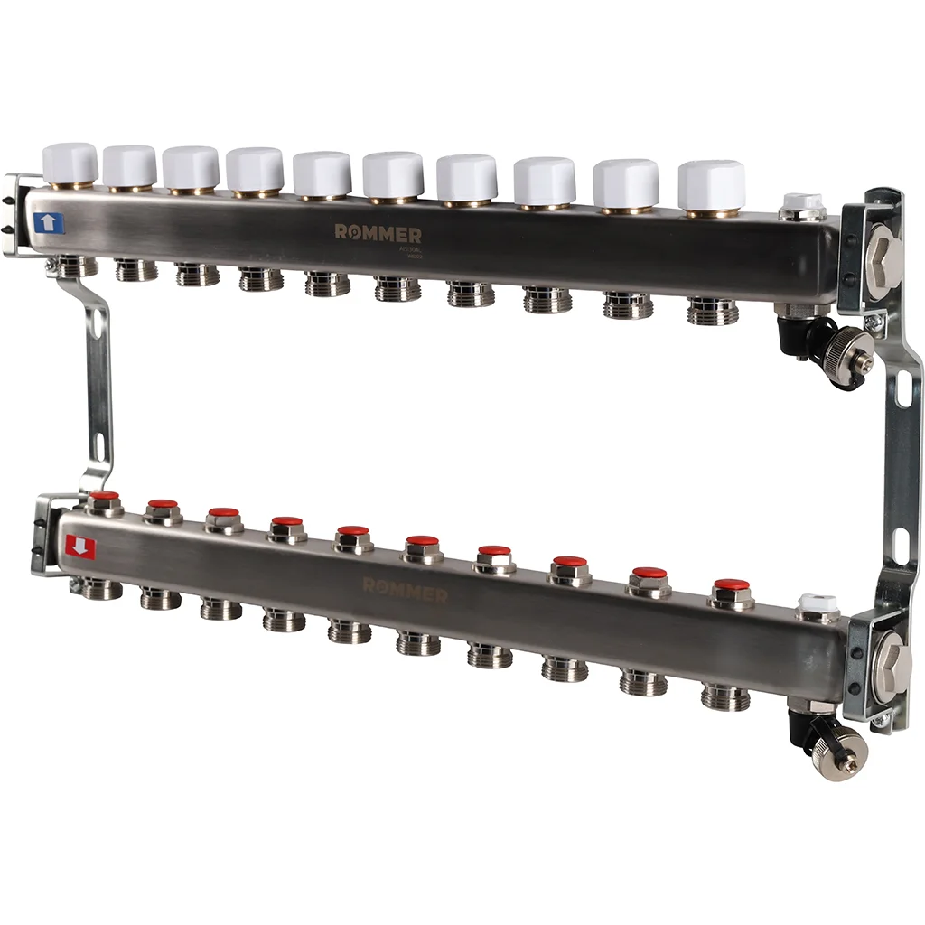 ROMMER RMS-3201-000010 ROMMER Коллектор из нержавеющей стали без расходомеров, с клапаном вып. воздуха и сливом 10 вых. ROMMER RMS-3201-000010 ROMMER Коллектор из нержавеющей стали без расходомеров, с клапаном вып. воздуха и сливом 10 вых.