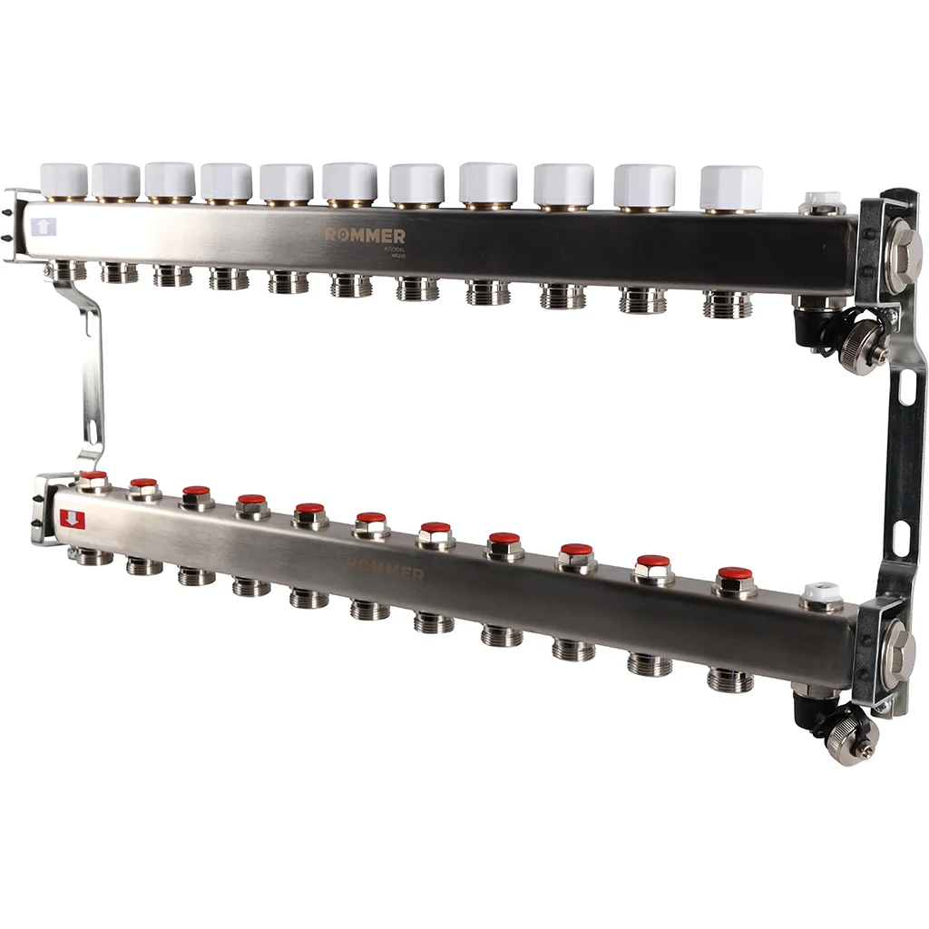 ROMMER RMS-3201-000011 ROMMER Коллектор из нержавеющей стали без расходомеров, с клапаном вып. воздуха и сливом 11 вых. ROMMER RMS-3201-000011 ROMMER Коллектор из нержавеющей стали без расходомеров, с клапаном вып. воздуха и сливом 11 вых.