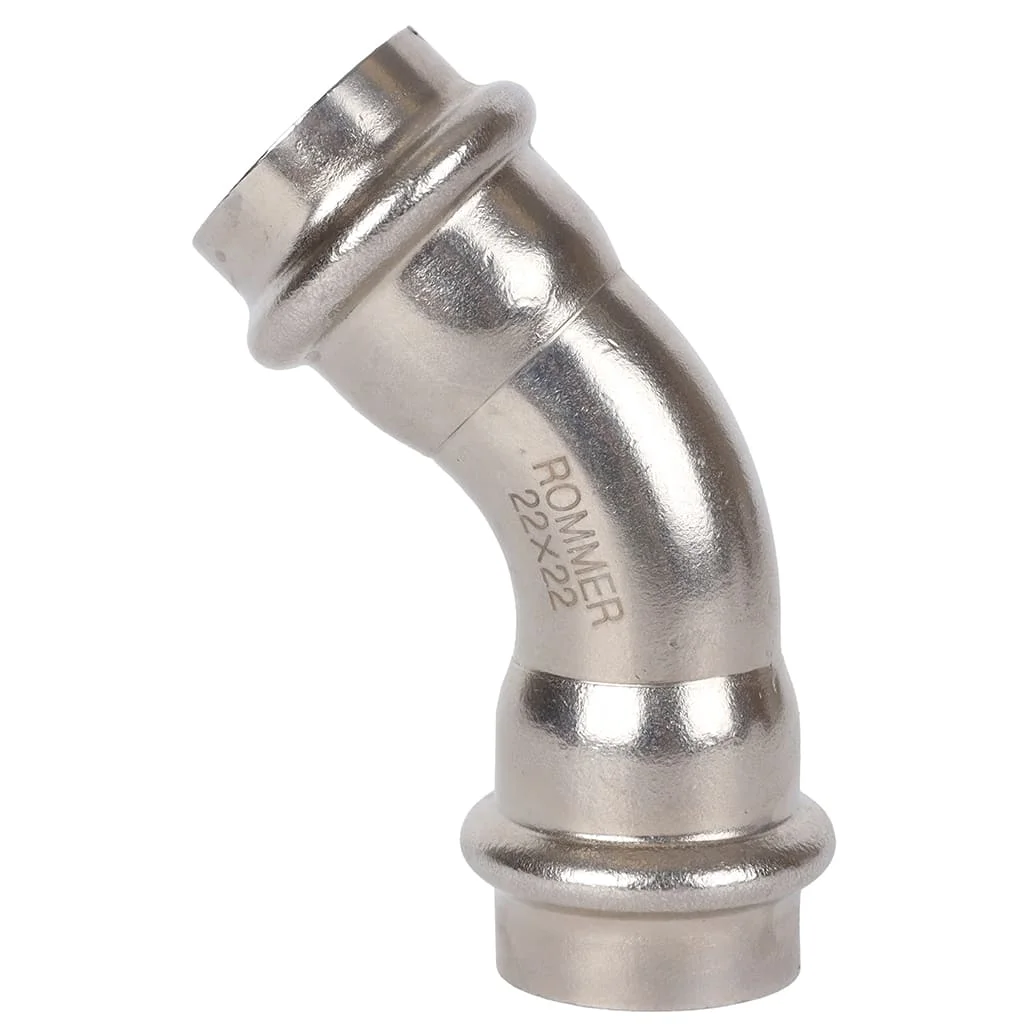 ROMMER RSS-0005-000022 ROMMER Угольник 45°-ВПр, 22, из нержавеющей стали прессовой ROMMER RSS-0005-000022 ROMMER Угольник 45°-ВПр, 22, из нержавеющей стали прессовой
