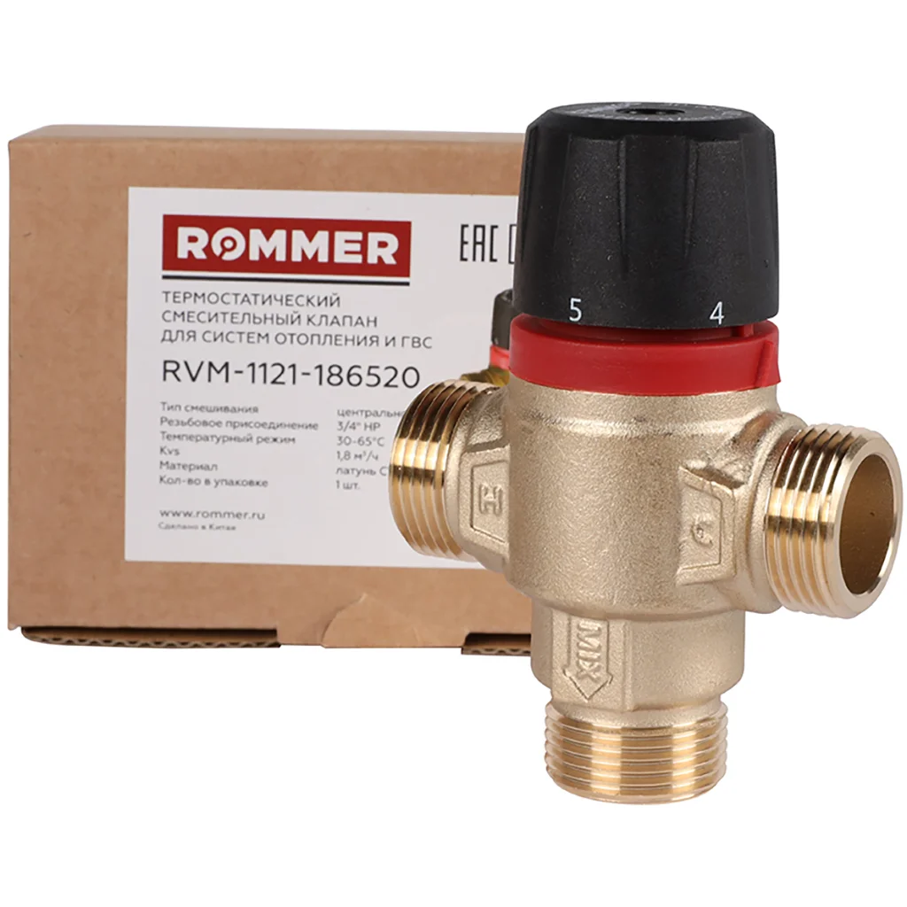 ROMMER RVM-1121-186520 Термостатический смесительный клапан для систем отопления и ГВС 3/4 НР 30-65°С KV 1,8 (центральное смешивание) ROMMER RVM-1121-186520 Термостатический смесительный клапан для систем отопления и ГВС 3/4 НР 30-65°С KV 1,8 (центральное смешивание)